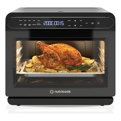 Nutricook oven with a roasted chicken inside on a white background