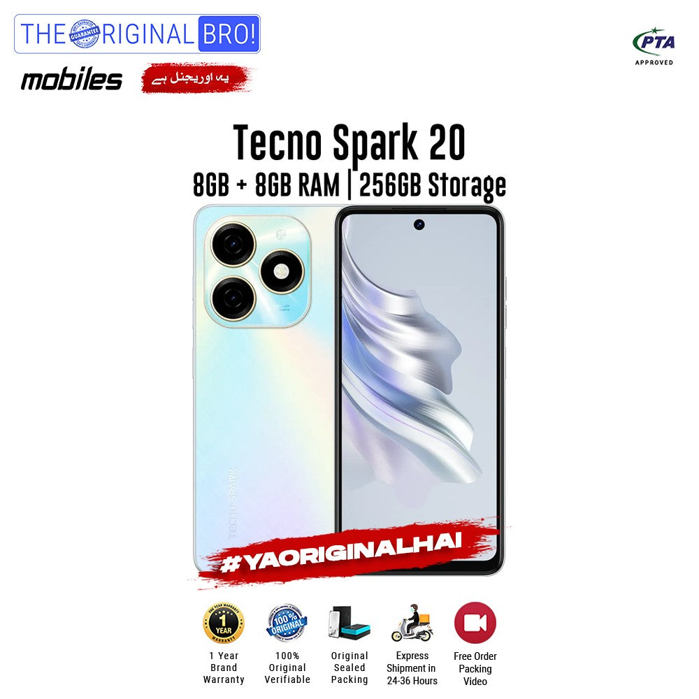 Tecno - Spark 20 - Smartphone - 8GB RAM - 256GB Storage - White - The Original Bro Mobiles | Jodiabaazar.com