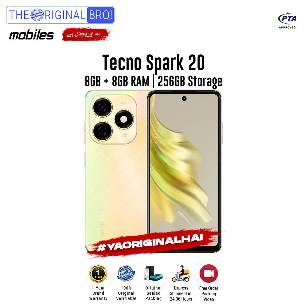 Tecno - Spark 20 - Smartphone - 8GB RAM - 256GB Storage - Gold - The Original Bro Mobiles | Jodiabaazar.com