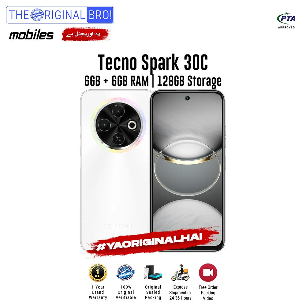 Tecno - Spark 30C - Smartphone - 6GB RAM - 128GB Storage - White - The Original Bro Mobiles | Jodiabaazar.com