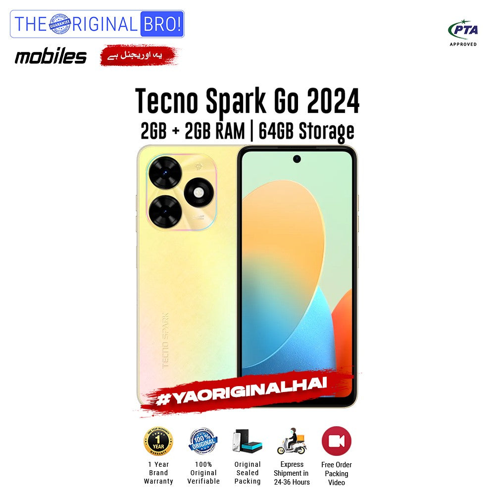 Tecno - Spark Go 2024 - Smartphone - 2GB RAM - 64GB Storage - Gold - The Original Bro Mobiles | Jodiabaazar.com