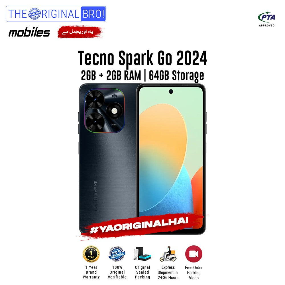 Tecno - Spark Go 2024 - Smartphone - 2GB RAM - 64GB Storage - Black - The Original Bro Mobiles | Jodiabaazar.com