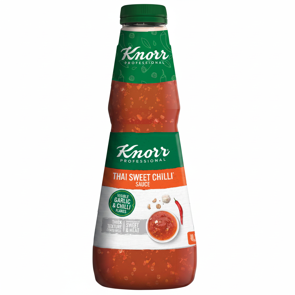 A bottle of Knorr Professional Thai Sweet Chilli Sauce on a plain white background. The bottle has a green cap and neck label, a white and orange main label, and the red-orange sauce is visible through the clear bottle.