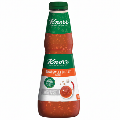 A bottle of Knorr Professional Thai Sweet Chilli Sauce on a plain white background. The bottle has a green cap and neck label, a white and orange main label, and the red-orange sauce is visible through the clear bottle.