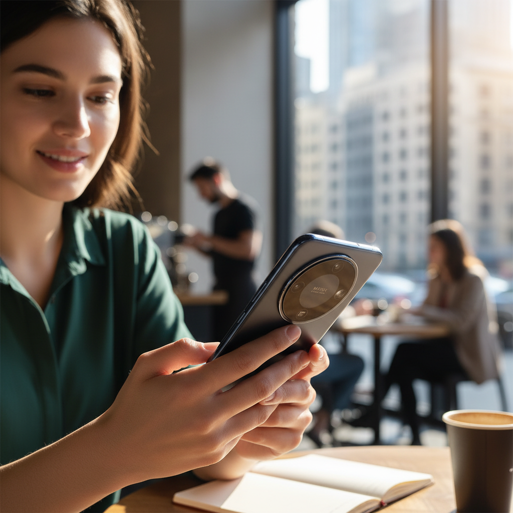Woman using a smartphone in a cafe with a cityscape view
