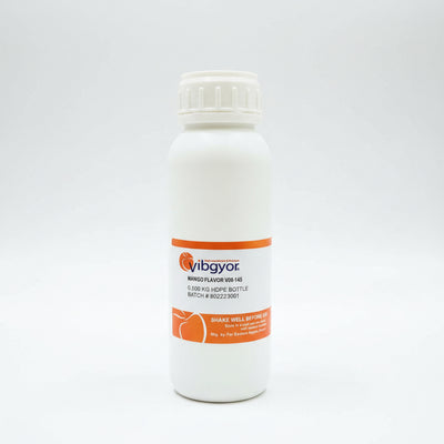 A white plastic bottle of vibgyor Mango Flavor HOPS bottle, featuring an orange and white label with product details, set against a blurred background.