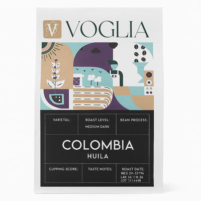 VOGLIA coffee packaging with coffee-themed illustrations and text on a white background
