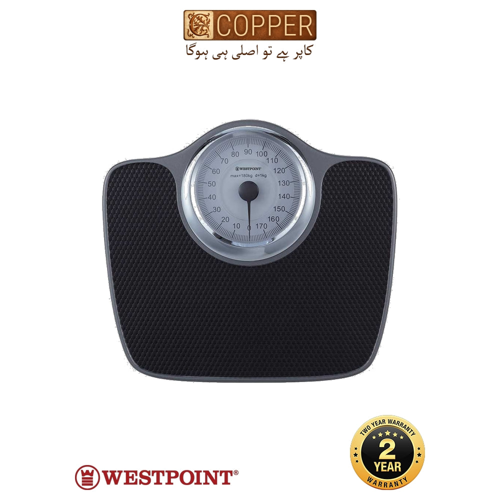 Westpoint - Analog Mechanical Bathroom Scale - WF-8607 - White & Grey Mat - Mechanical (No Battery Required) - 180kg Max Weight / 1kg Accuracy - Non-Slip Rubber Mat