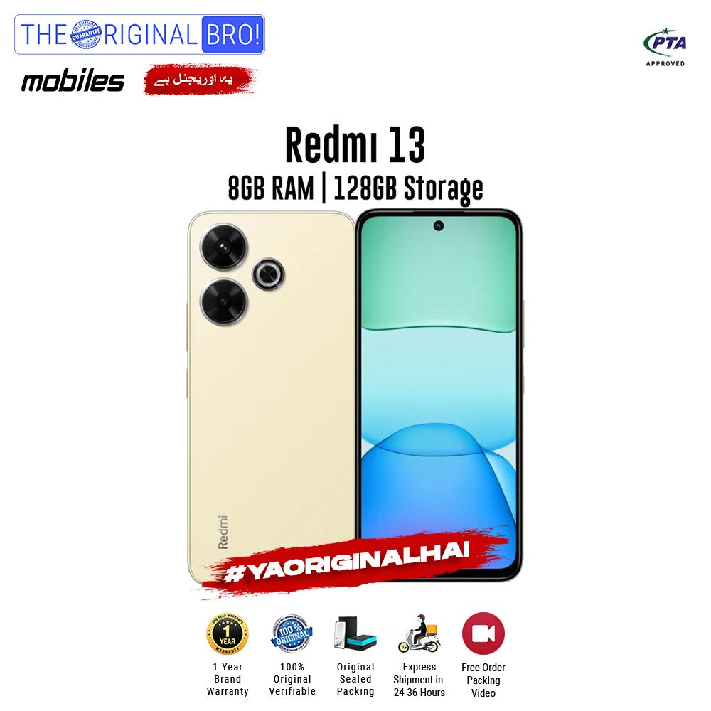 Redmi - 13 - Smartphone - 8GB RAM - 128GB Storage - Gold - The Original Bro Mobiles | Jodiabaazar.com