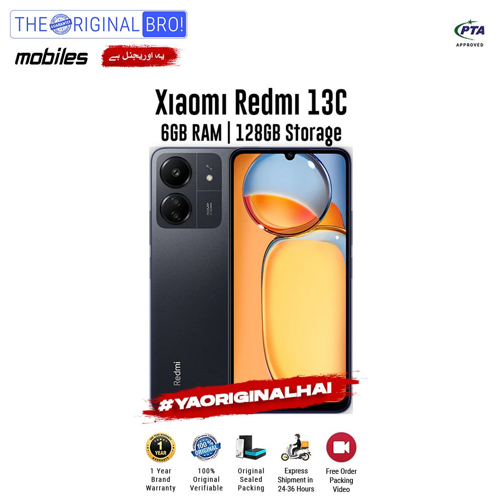 Redmi - 13C - Smartphone - 6GB RAM - 128GB Storage - Black - The Original Bro Mobiles | Jodiabaazar.com