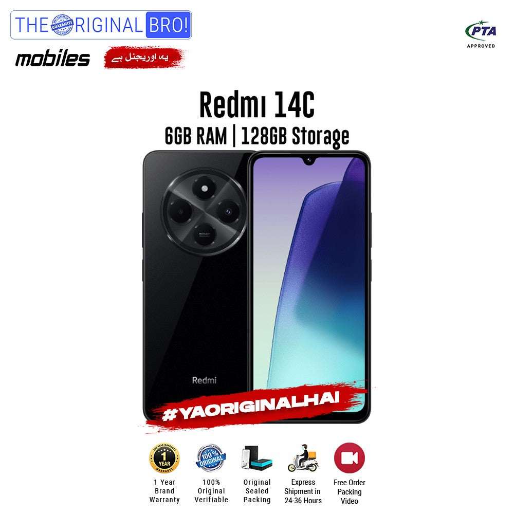 Redmi - 14C - Smartphone - 6GB RAM - 128GB Storage - Black - The Original Bro Mobiles | Jodiabaazar.com