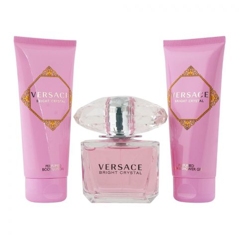 Versace Bright Crystal Perfume Set For Women - EDT 90ml + Body Lotion + Shower Gel + Pouch