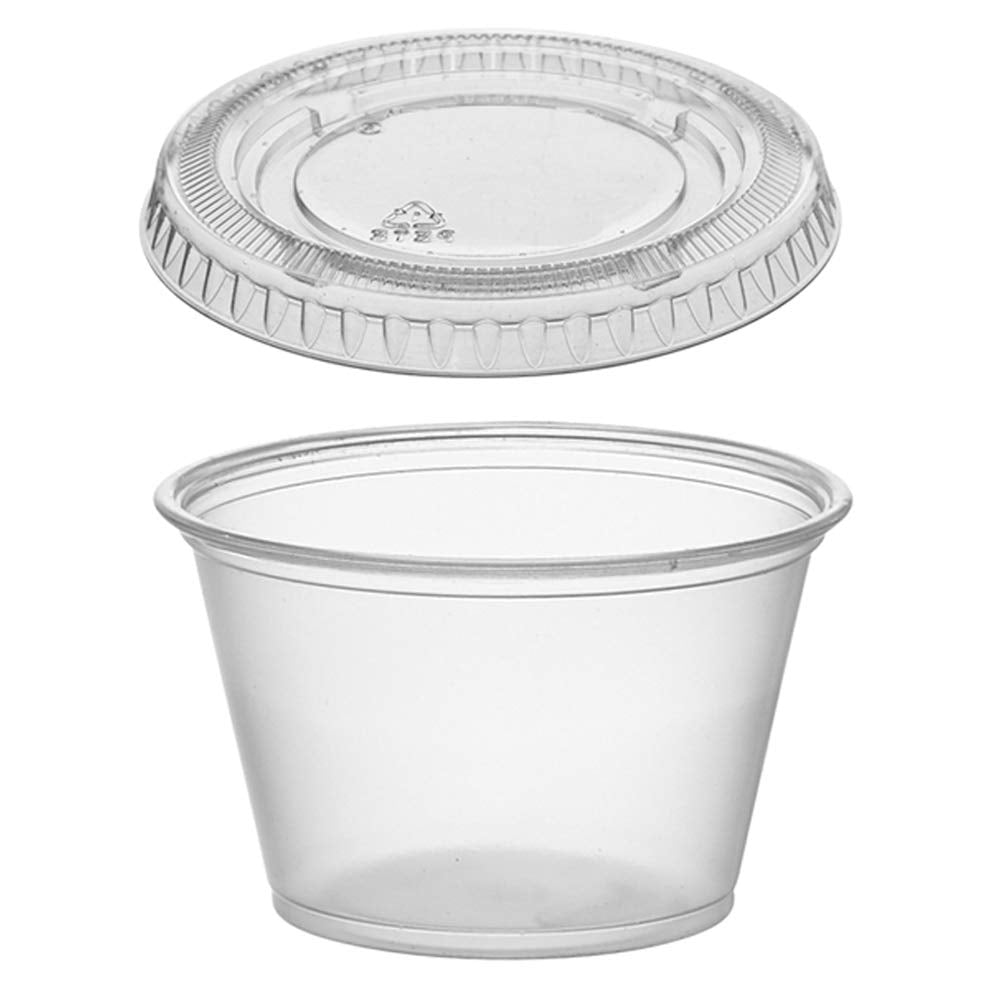 1 Oz - Transparent Cup - Plastic Portion Cups with Lids, Small Clear Plastic Condiment Cups/Sauce Cups, Disposable Souffle Cups/Jello Shot Cups