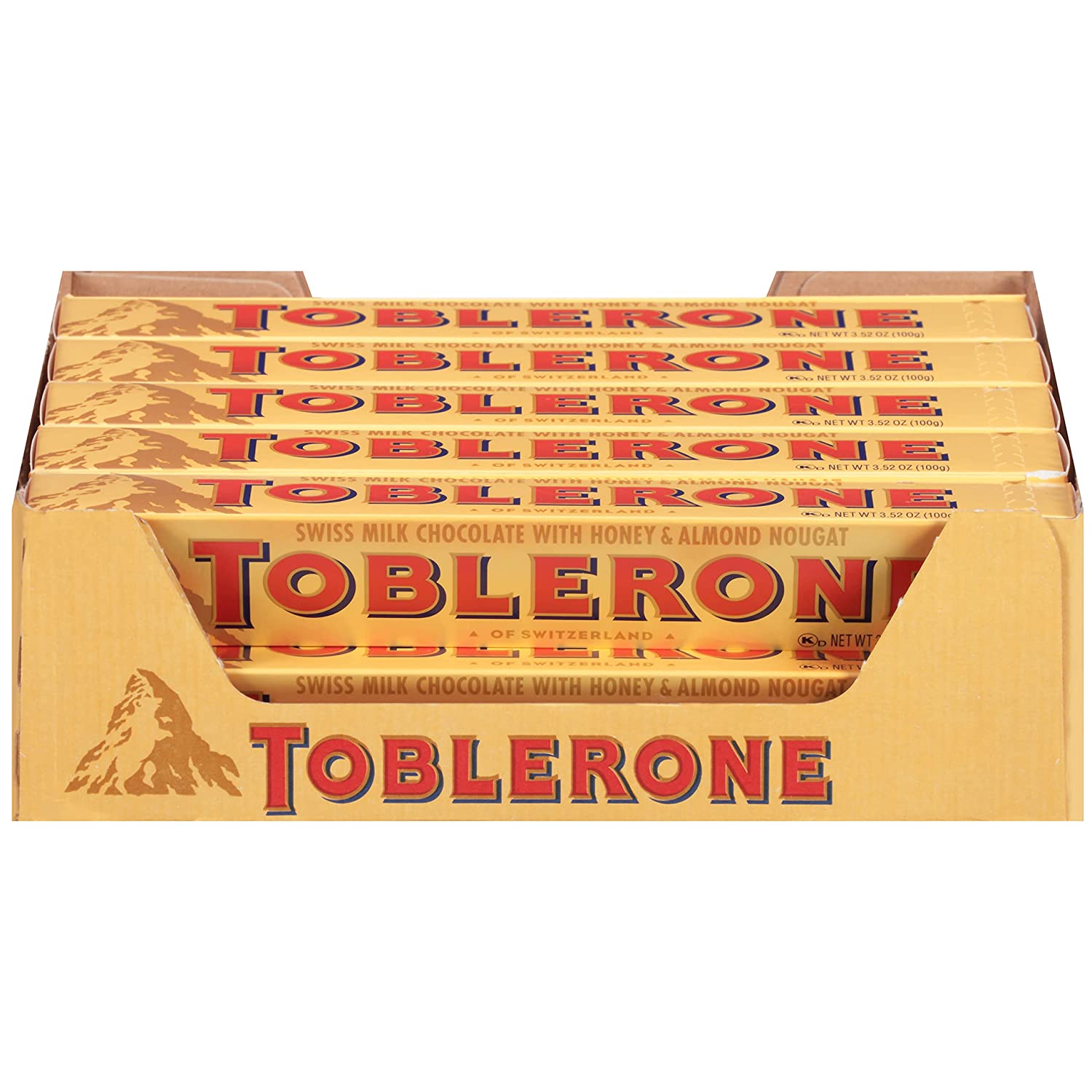 Toblerone - Swiss Milk Chocolate With Honey & Almond Nougat- Box of 24x1000G