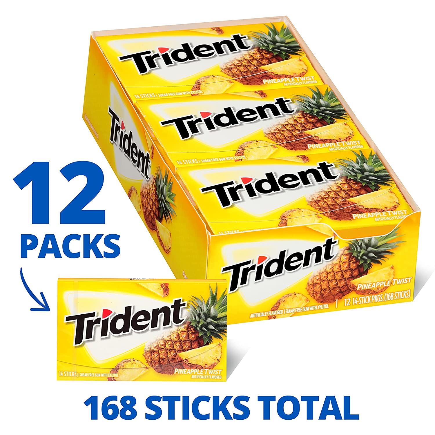 Trident - Sugar Free Gum - 12 Packs x 14 Pieces (168 Total Pieces)- Pineapple Twist