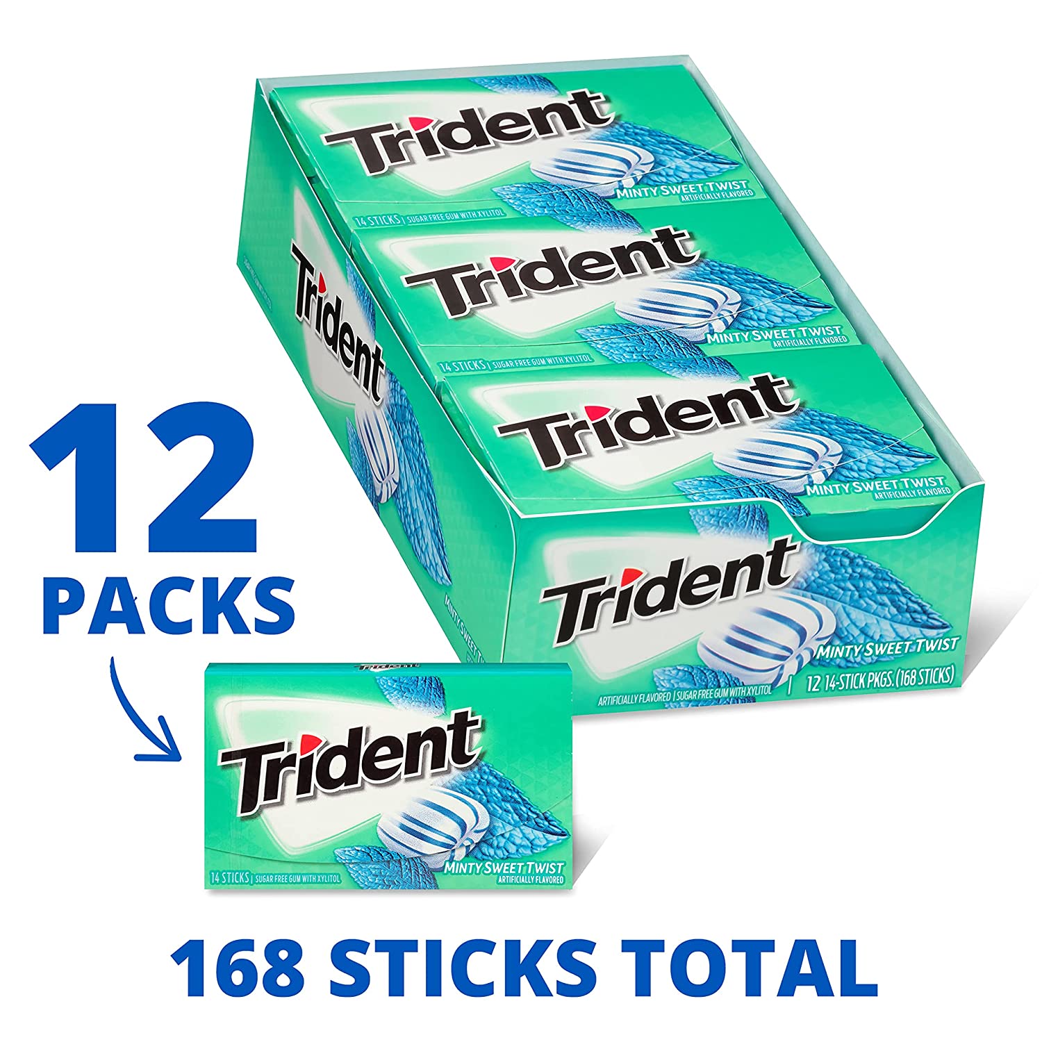 Trident - Sugar Free Gum - 12 Packs x 14 Pieces (168 Total Pieces)- Minty Sweet Twist