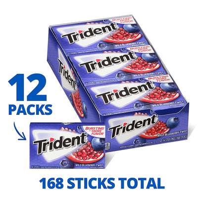Trident - Sugar Free Gum - 12 Packs x 14 Pieces (168 Total Pieces) - Wild Blueberry Twist