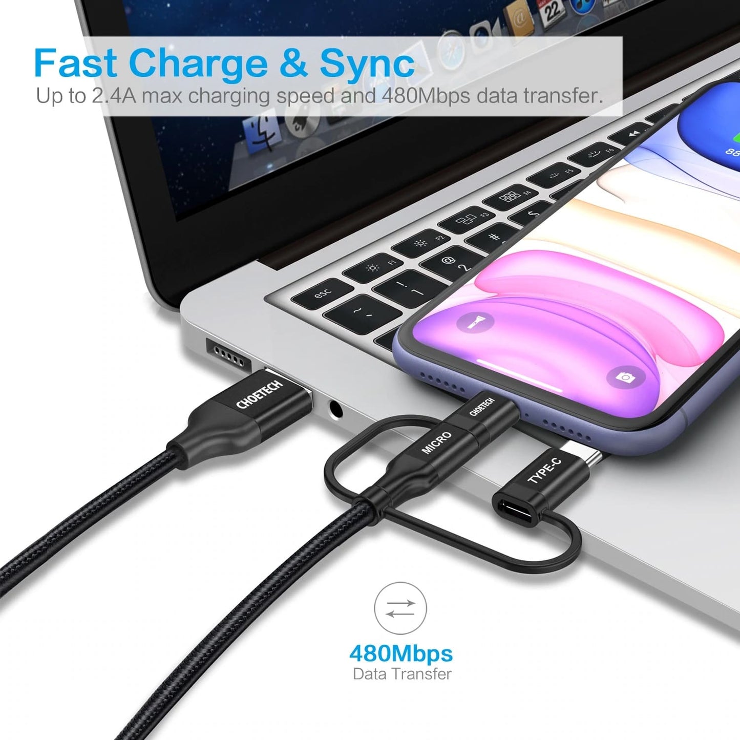 Cable Usb 3En1 Micro/Lightning/Type-C 3M DAIRU